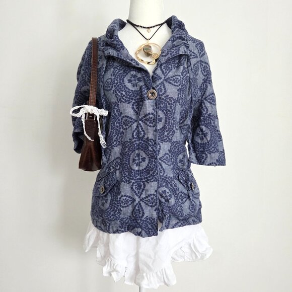 Vintage Jackets & Blazers - Vintage Boho Linen Medallion Print Jacket Size 14 Blue Y2K Artsy Indie Coastal